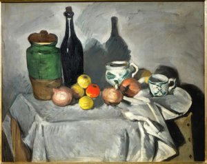 Naturaleza muerta (frutas y vajilla) de Paul Cézanne