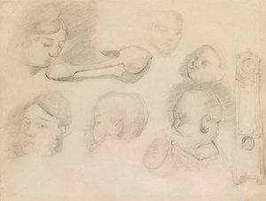 Estudios de la cabeza de un niño, la cabeza de una mujer, una cuchara y un reloj de pie, c1872 de Paul Cézanne