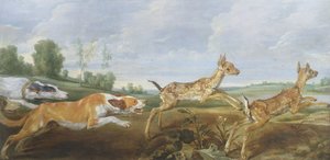 Una escena de caza: perros persiguiendo a dos faunos