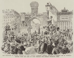 La recepción de oficiales rusos en París, General Chanoine, Almirante Avellan, M. Humbert y M. Poubelle conduciendo desde la Gare de Lyon a través del Arco Triunfal Ruso de Paul Destez