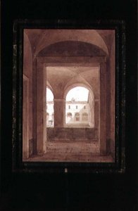 Vista de un claustro con una fuente de Paul Emile Detouche