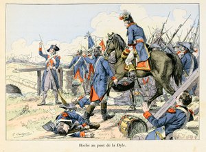 Hoche en el puente de la Dyle: En marzo de 1793, cubriendo la retirada en el paso de la Dyle frente a Lovaina (Bélgica), Lazare Hoche (1768-1797) luchó contra los austriacos - ilustración de Emile Boutigny (1853-1929) en “Hoche-Marceau-Desaix” de Theodore  de Paul Émile Boutigny