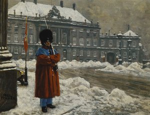 Un Guardia Real de Vida en Servicio Fuera del Palacio Real Amalienborg, Copenhague