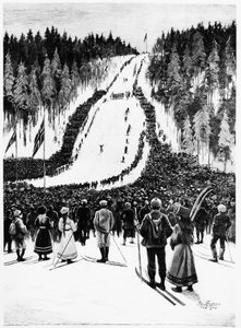 Esquí: El derby noruego, la carrera de esquí - dibujo de Paul Fisher, feb. 1900, Bibl. des Arts Deco de Paul Fischer