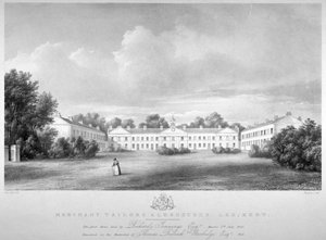 Vista de las casas de beneficencia de los comerciantes en Lee High Road, Lewisham, Londres, 1826