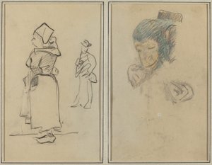 Una mujer bretona y un hombre de pie; cabeza y mano de un mono de Paul Gauguin