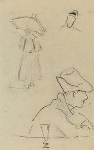 Una persona con paraguas y un hombre sentado con sombrero y vaso [verso] de Paul Gauguin