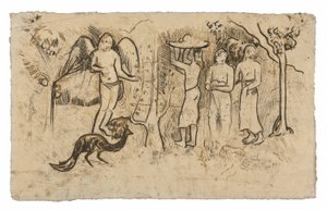 Ángel, pavo real y tres tahitianos de Paul Gauguin