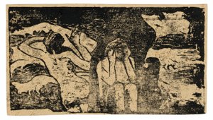 En las rocas negras, de la serie de grabados tardíos en madera de Paul Gauguin
