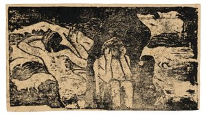 En las rocas negras, de la serie de xilografías tardías de Paul Gauguin