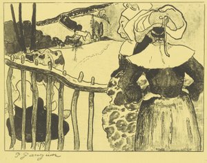 Bretonische Frauen neben einem Zaun de Paul Gauguin