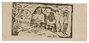 Busto de una mujer desnuda y figura de tres cuartos de un hombre con gorra blanca de perfil, tercera figura pequeña a la derecha, cabecera para Le sourire de Paul Gauguin
