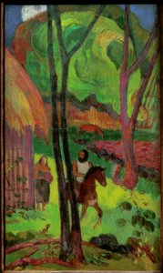 Caballero frente a la cabaña de Paul Gauguin