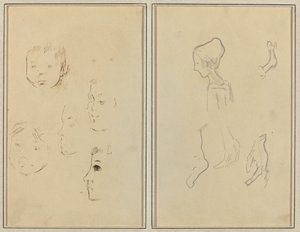 Cinco estudios de cabezas; Un niño de perfil con estudios de manos y pies (verso) de Paul Gauguin