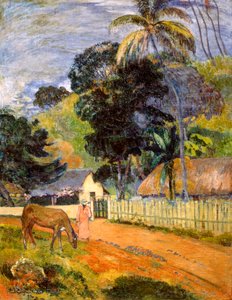 Caballo en el camino, paisaje tahitiano, 1899 de Paul Gauguin
