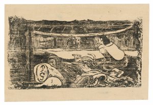 Interior de una cabaña tahitiana, de la serie de grabados en madera tardíos de Paul Gauguin