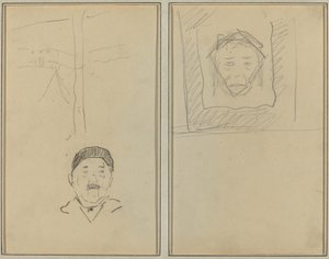 Paisaje y cabeza de hombre; cabeza de mono dentro de un cuadrado [recto]
