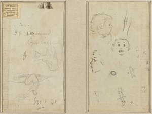 Figura sentada y una vaca; Tres estudios de la cabeza de un niño de Paul Gauguin