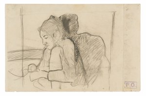 Mujer tahitiana sentada (recto), bocetos de gallos y gallinas (verso)