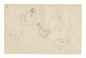 Bocetos de figuras sentadas y gallinas (recto), torso femenino desnudo (relacionado con la pintura Te a no areois [La semilla de los Areoi]) (verso), del Carnet de Tahití (cuaderno de bocetos tahitiano) de Paul Gauguin