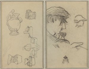 Estudios de Jarras y Jarrones; Un Hombre con Bigote y un Niño con Sombrero [recto] de Paul Gauguin
