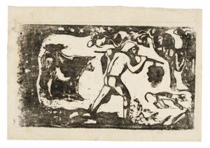 Tahitiano llevando plátanos, de la Suite de Grabados en Madera Tardíos de Paul Gauguin