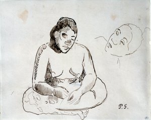Mujer tahitiana sentada (estudio en tinta)