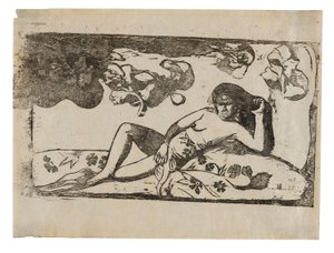 Te arii vahine-opoi (Mujer con mangos-cansada), de la serie de grabados tardíos en madera de Paul Gauguin