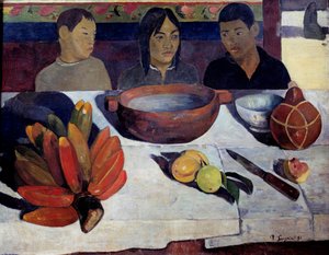 La comida o los plátanos. Joven tahitiano en la mesa. Pintura de Paul Gauguin (1848-1903) 1891. París, museo de Orsay de Paul Gauguin