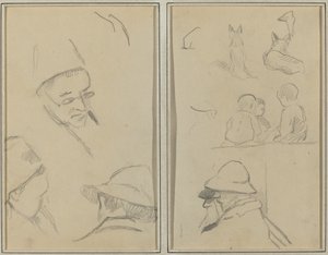 Tres estudios de cabezas de hombres, uno con gafas; perros, niños y dos hombres con barba de perfil [verso] de Paul Gauguin