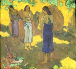 Tres mujeres tahitianas contra un fondo amarillo