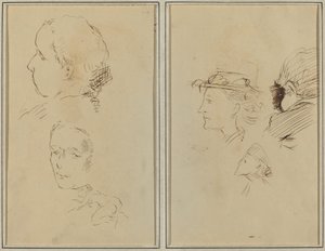 Dos estudios de cabezas y una mujer desnuda agachada; dos cabezas de mujeres y una cabeza de niño de Paul Gauguin