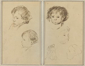 Dos estudios de la cabeza de un niño; dos estudios de la cabeza de un niño, una mujer de perfil y un hombre luchando con un animal de Paul Gauguin