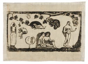 Mujeres, animales y follaje, de la serie de grabados en madera tardíos de Paul Gauguin