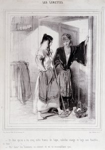 2 mujeres pobres conversando en las escaleras sobre hombres, "Les Lorettes", Gavarni, c. 1840 de Paul Gavarni