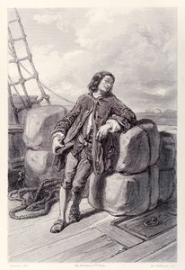 El capitán Lemuel Gulliver en el mar en su barco mercante, de la edición francesa de Los viajes de Gulliver de Jonathan Swift de Paul Gavarni