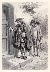 Gulliver llega a casa a las tres de la tarde y entra en la casa, de la edición francesa de Los viajes de Gulliver de Jonathan Swift de Paul Gavarni