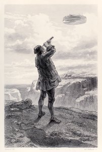Gulliver ve la isla voladora Laputa por primera vez y la examina a través de su telescopio, de la edición francesa de Los viajes de Gulliver de Jonathan Swift