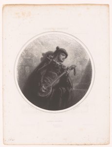 Hombre con banjo canta y toca una serenata Serenade Espagnole (título sobre objeto) Ilustraciones de las canciones de Jeanne Gavarni (título de la serie) Ilustraciones des Mélodies de Madame Jeanne Gavarni (título de la serie) de Paul Gavarni