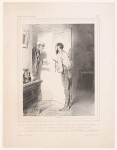 Hombre se dirige a su vecino con flageolet Voilà trois heures voisin (...) (título sobre objeto) de Paul Gavarni