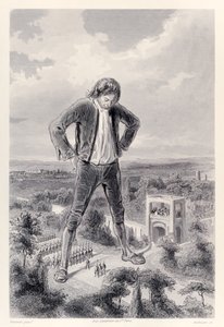 El ejército de Lilliput marcha entre las piernas de Gulliver, de la edición francesa de Los viajes de Gulliver de Jonathan Swift de Paul Gavarni