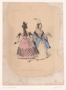 Dos mujeres en vestidos de fiesta Travestissemens originaux pour les Bals de 1834 (título sobre el objeto) Ropa imaginativa (título de la serie) Fantasías (título de la serie sobre el objeto)