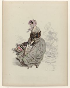 Mujer, caminando al viento, con sombrilla, 1840