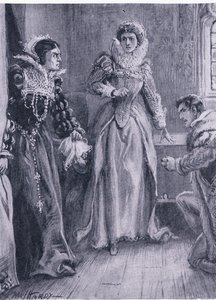 La Reina María Isabel y Courtenay: Responderé a esa pregunta, gritó María apartando el tapiz, ilustración de La Biblioteca Mundial de los Mejores Libros, c.1940 de Paul Hardy