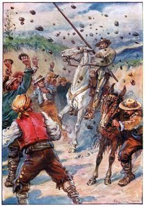 Apedrearon a Don Quijote con una lluvia de piedras, ilustración de 