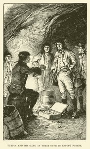 Turpin y su banda en su cueva en el bosque de Epping (grabado) de Paul Hardy