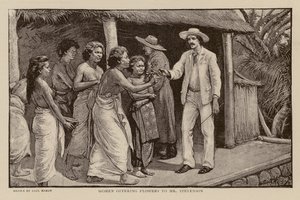 Mujeres ofreciendo flores a Robert Louis Stevenson (grabado) de Paul Hardy