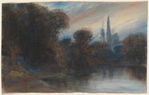 Una Abadía junto a un Lago Boscoso al Atardecer