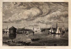La entrada al puerto de Nueva York, dibujo de Paul Huet (1803-1869), para ilustrar los viajes a América del Norte en 1854-1855, de L. Deville. Grabado en 