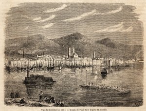 Vista de Montreal, dibujo de Paul Huet (1803-1869), para ilustrar los viajes a América del Norte en 1854-1855, por L. Deville. Grabado en “Le tour du monde” 1861. Colección Selva. de Paul Huet